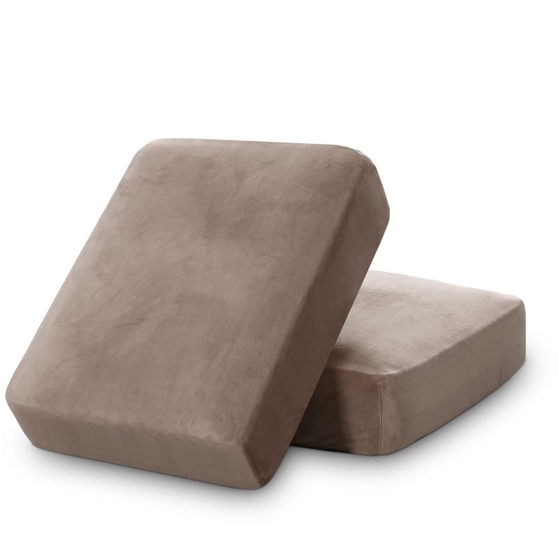 PrinceDeco Velvet Stretch Couch Cushion Cover Soft Cushion Slipcover for Chair Cushion Furniture Protector Seat Cushion Sofa Cover (Width Up to 29.5", Taupe) - Image 1